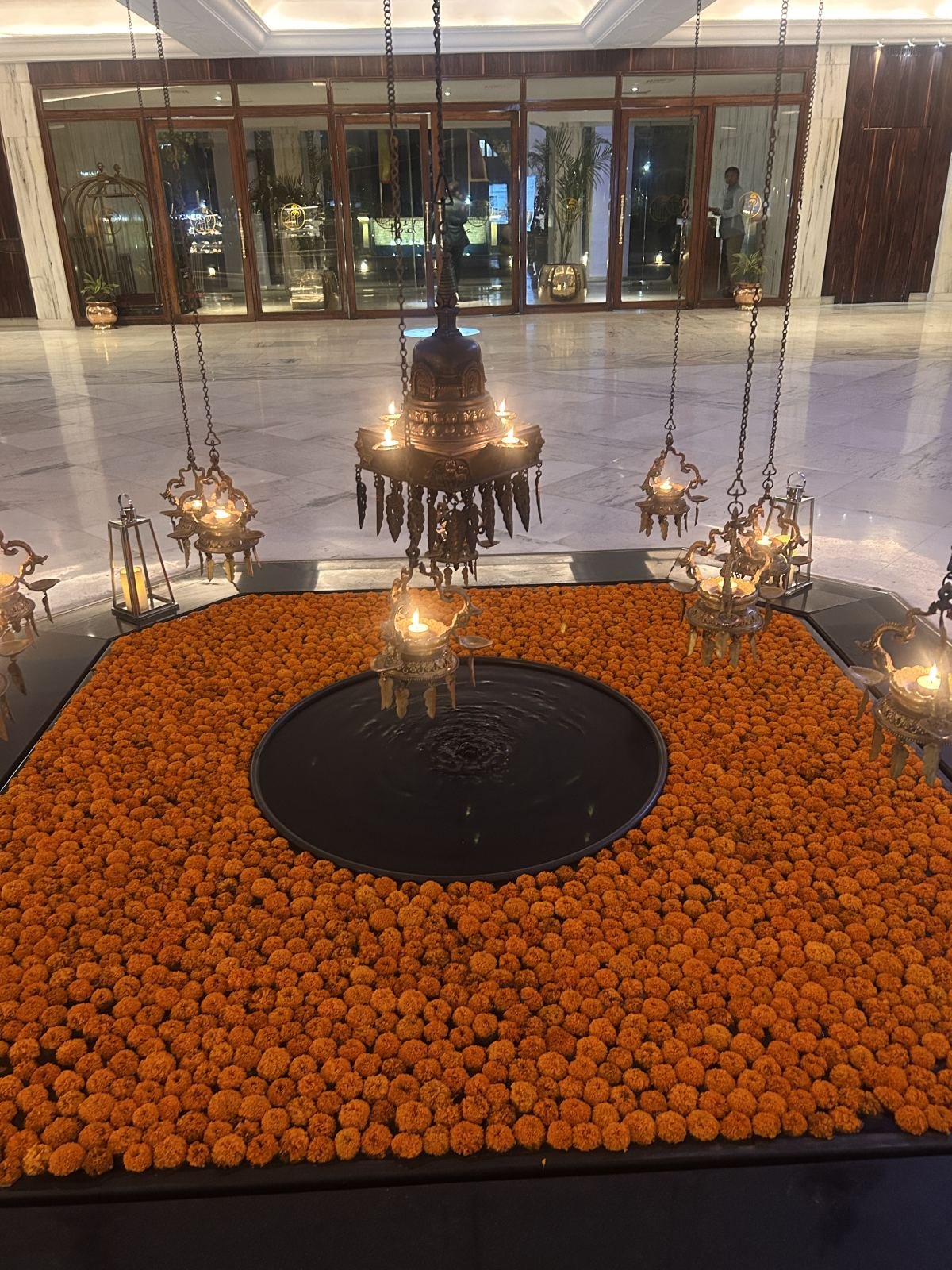 Marigold floral installation at a venue