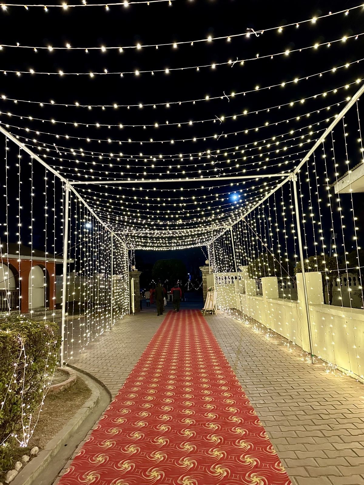 Fairy light tunnel wedding entry with red carpet