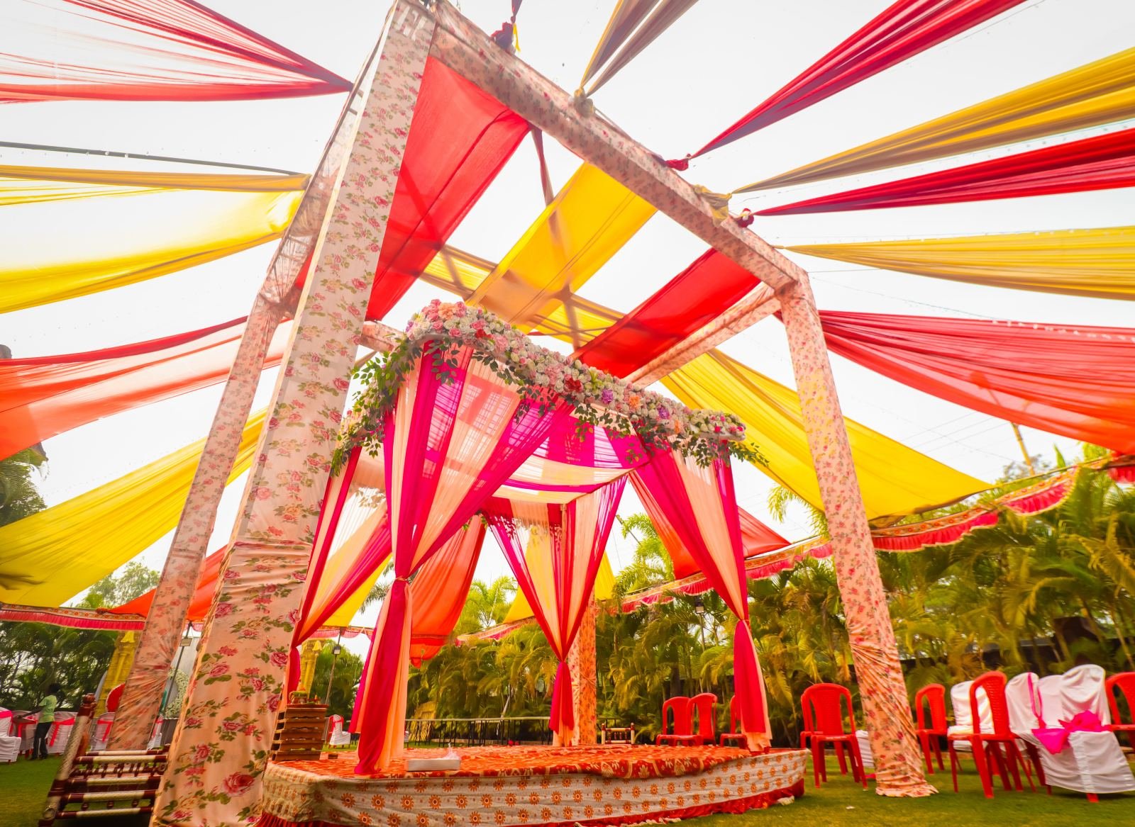 Yellow and pink wedding mandap decoration